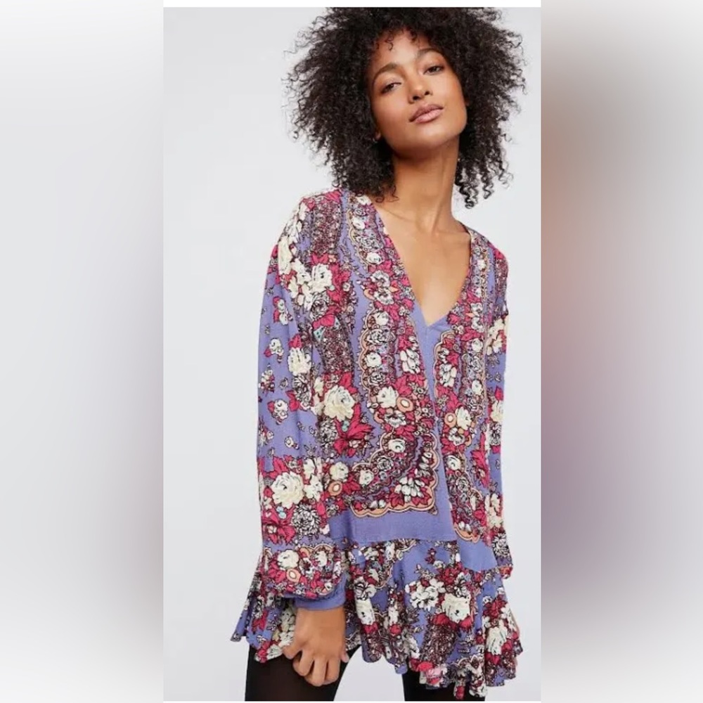 Free People Lovely Dreams Floral Print Tunic Top Ruffle Hem Long